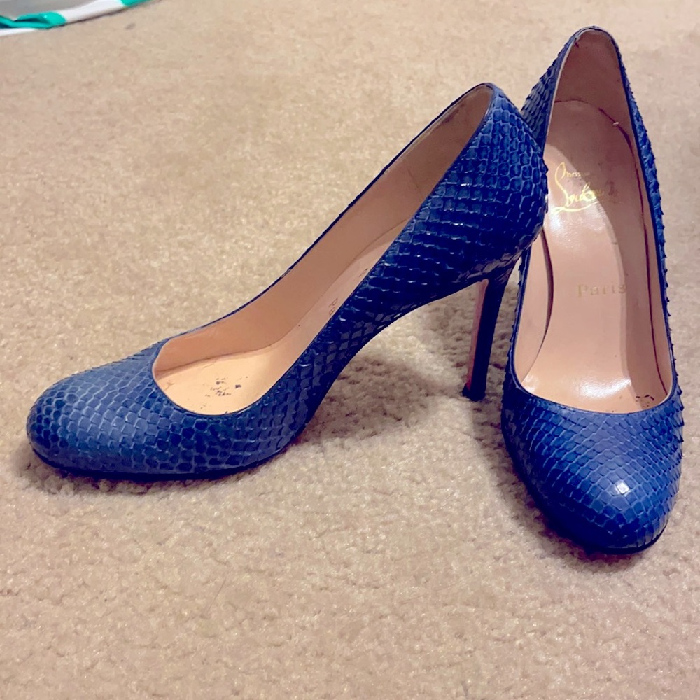 Christian Louboutin Blue Snakeskin Pointed-Toe Pumps